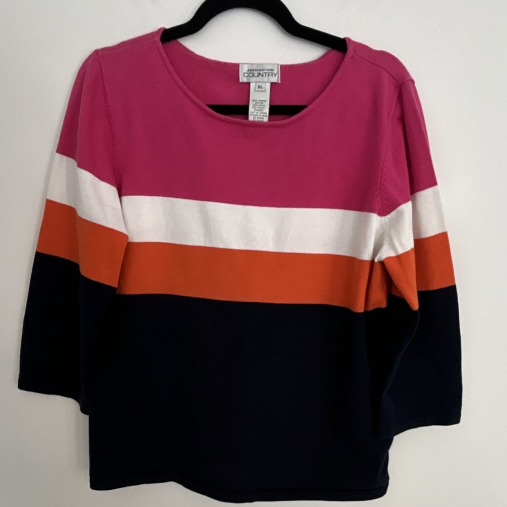 Jones New York Country Women's Knit Pullover Sweater Colorblock Crew Neck 3/4 XL